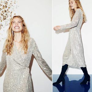 H&M Silver/Gold sequin faux wrap midi dress NWT
